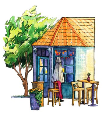 Kafe caddesi ağaç evi rahat masa suluboya yalıtılmış bahar hastalığı