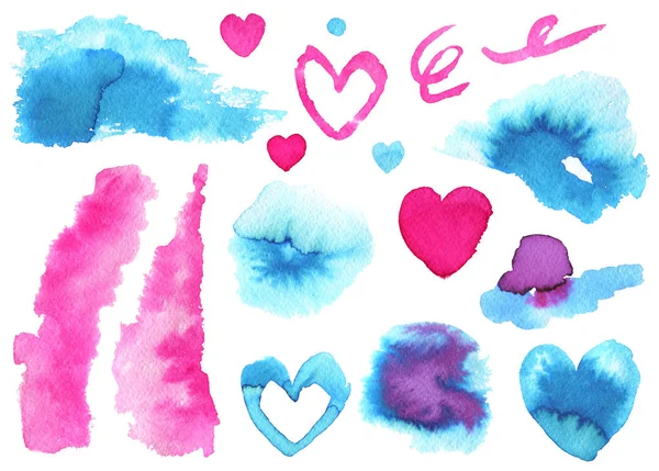 Foltok textúra festék kék rózsaszín szív kör folt akvarell izola — Stock Fotó