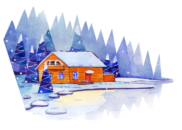 冬季森林景观房子湖云杉水彩画 — 图库照片