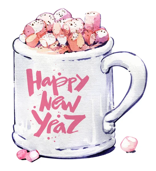 Cup cacao marshmallow lettering Christmas New Year watercolor is