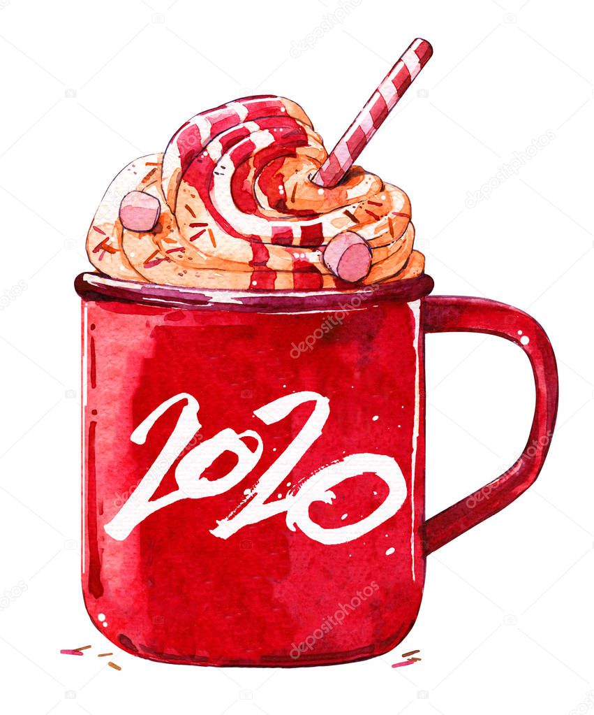 New year sweet cocoa whipped cream straw red watercolor isolated