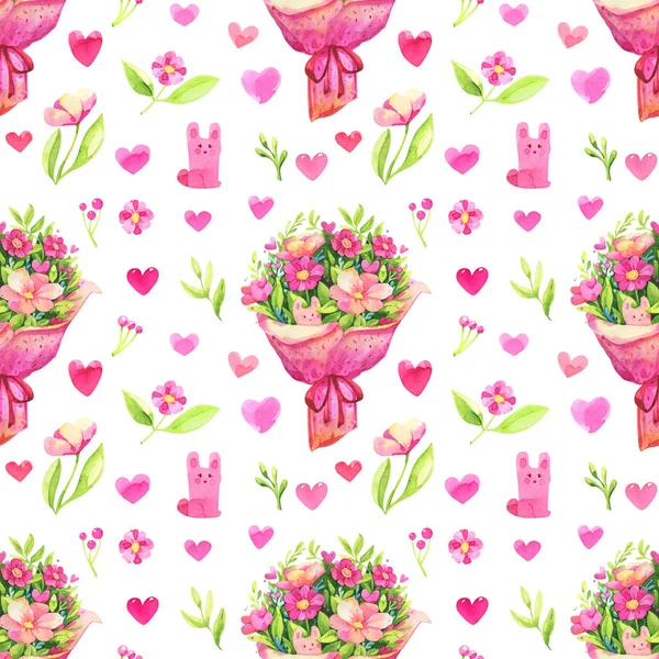 Patrón ramo corazón conejo flores San Valentín día Pascua ilustración aislado fondo blanco textil tarjeta de felicitación —  Fotos de Stock