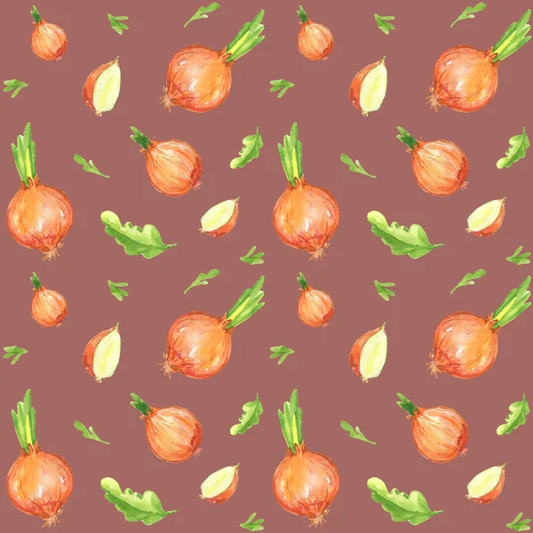 玉ねぎ野菜緑ナプキン調理農場食品成分水彩分離パターン包装紙 — ストック写真