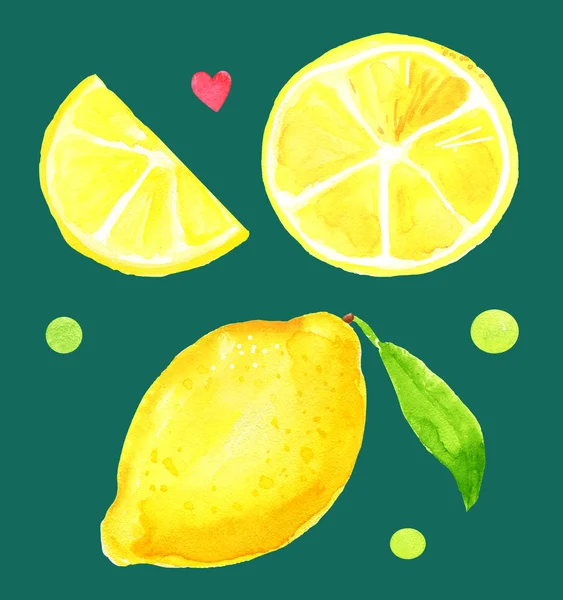 Citroncitrusskal Cirkel Lobulus Blad Vitamin Set Isolerad Akvarell Sommar Lemonad — Stockfoto