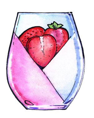 Panakota pudingi tatlı çilek cam tasarımı cam kartpostal elementi suluboya izole edilmiş beyaz zemin