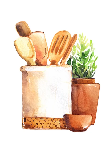 Utensil pişirme kavanozu spatula ağaç suluboya izole tasarım ekolojisi