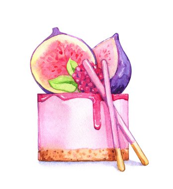 Tatlı, incir, ahududu, yemek, tatlı, suluboya, izole edilmiş beyaz arka plan.