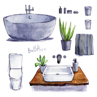 Banyo lavabosu havlusu musluğu taş tezgah seramik banyo tasarımı suluboya izole set