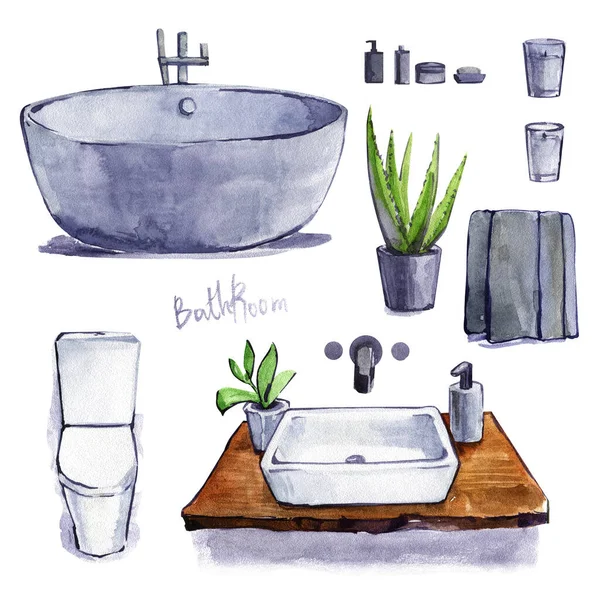 Banyo lavabosu havlusu musluğu taş tezgah seramik banyo tasarımı suluboya izole set