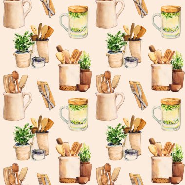 Çatal bıçak mutfak tasarımı yaşam tarzı ahşap çevre dostu kaşık spatula kavanozu masa boyası, suluboya desenleri pürüzsüz.