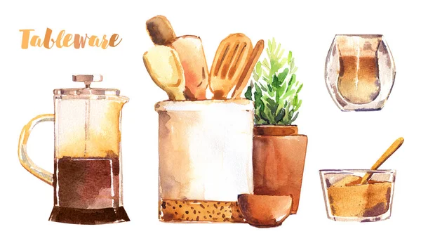 Kitchen Utensil Coffee Sugar Spoons Pot Plant Frenchpress Kitchen Lifestyle — Stock Photo, Image
