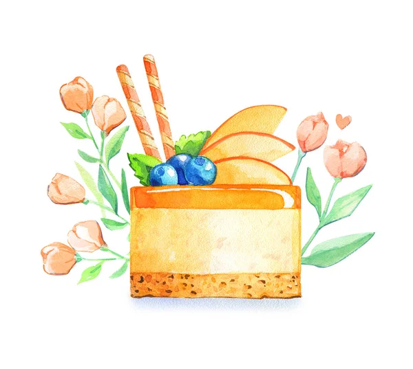 Gâteau Bleuet Nourriture Pêche Bonbons Tropicaux Illustration Aquarelle Logo Célébration — Photo