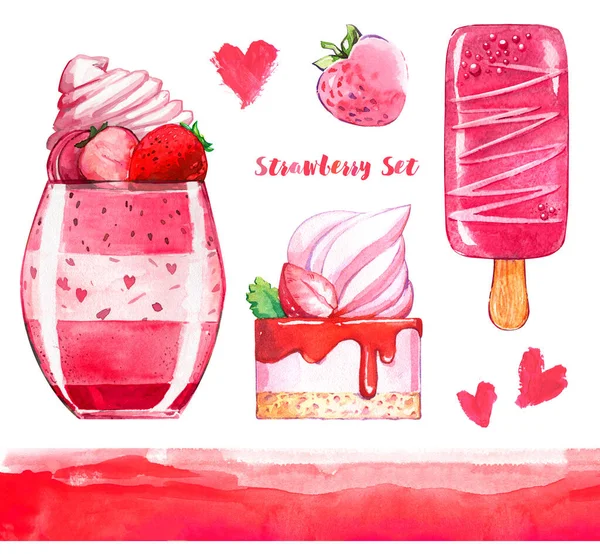 ストロベリー甘いアイスクリームケーキカクテルグラスハートテクスチャ赤ピンク水彩絶縁セットカフェレシピ — ストック写真