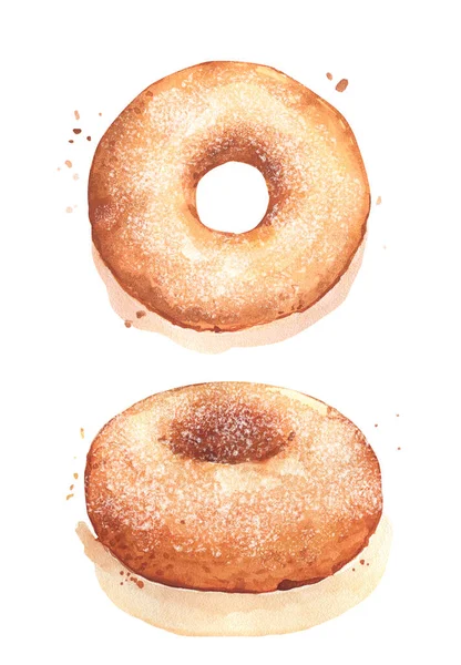 Donut şekeri kremalı çörek kafeteryada hızlı pişiyor Amerikan esmer tatlı suluboya gurme izole edilmiş