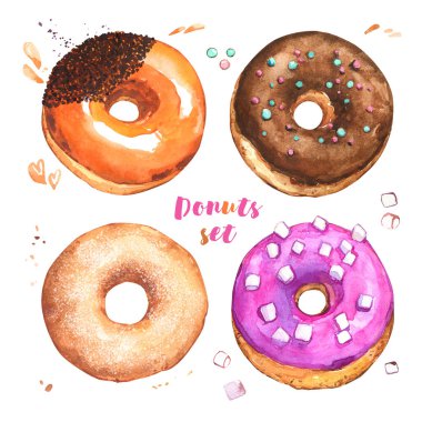 Donut tatlı parti kremalı çikolata çocuklar şeker seti suluboya izole