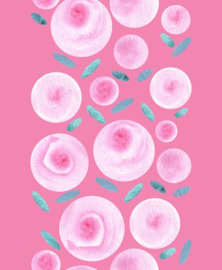 Çiçek sınır desenli gül çiçekleri soyut daire oval pembe suluboya izole edilmiş.