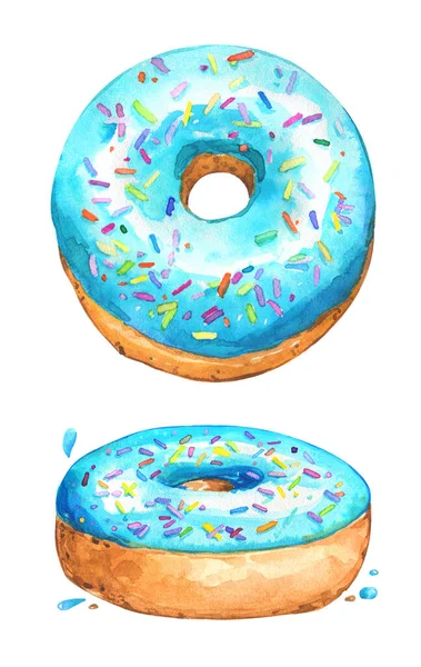 甜甜圈糖霜蓝洒满五颜六色的甜假日咖啡店茶水色彩斑斓的图画 — 图库照片