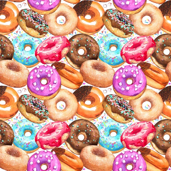 Donuts pattern sweet confectionery icing chocolate marshmallows seamless watercolor illustration background