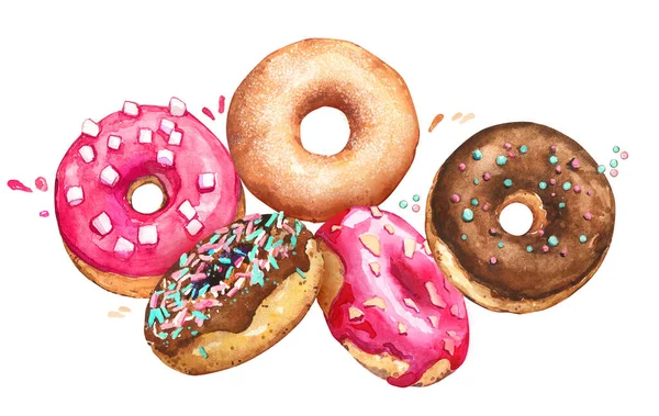 Donut Fly uçan tatlı pastane çikolata serpiştirilmiş marshmallow suluboya izole beyaz arka plan