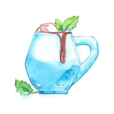 Kakao marshmallowlar nane şekeri mavi seramik kahve izole edilmiş suluboya element masa eşyası poster afişi menüsü