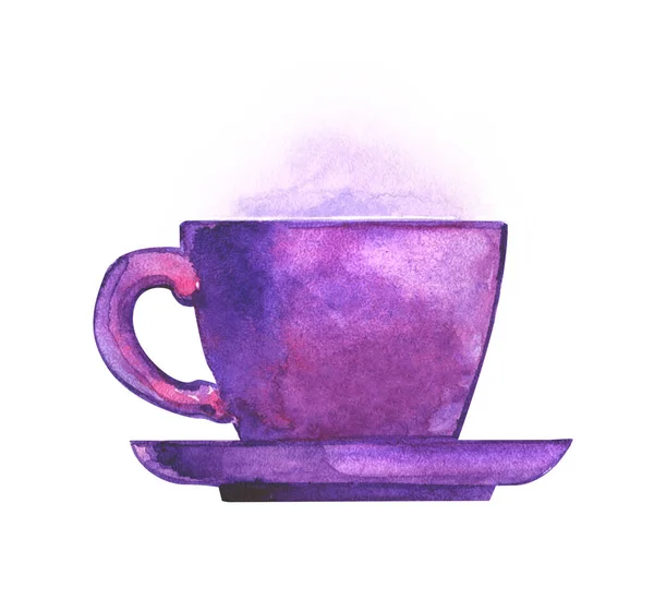 Tasse Soucoupe Drinkware Céramique Violet Foncé Rose Vapeur Thé Chaud — Photo