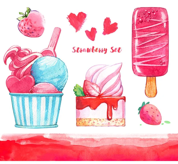 Căpșuni Copt Înghețată Fundal Dungă Banner Lingură Popsicle Vară Roz — Fotografie, imagine de stoc