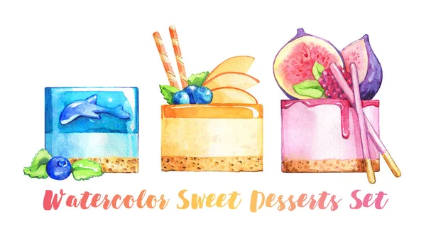 cafe restaurant bakery patisserie pastries cakes baking jelly blueberries figs pocky watercolor isolated set