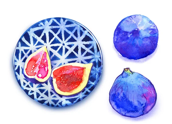 Fig Plate Dish Fruit Blue Ethnic Handmade Set Watercolor Isolated — Stock Photo, Image