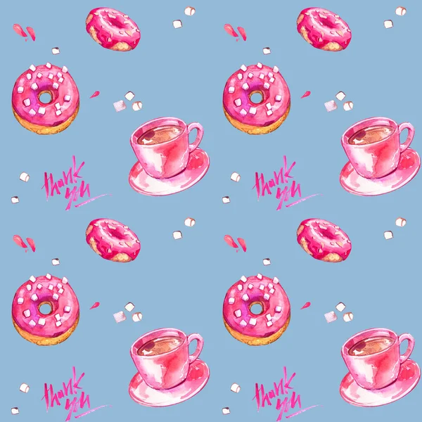 Donut Cup Cafe Bakkerij Kalligrafie Dank Belettering Patroon Aquarel Geïsoleerd — Stockfoto