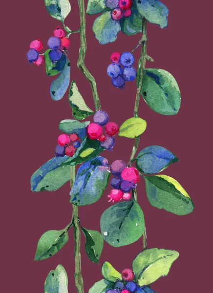 Branch Tree Leaves Berry Berry Pattern Vertical Seamless Border Watercolor — Stock Photo, Image