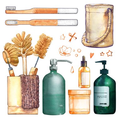 Banyo kompozisyonu diş fırçası bambu kesesi krem spa spa fırçası suluboya illüstrasyon izole yaşam tarzı