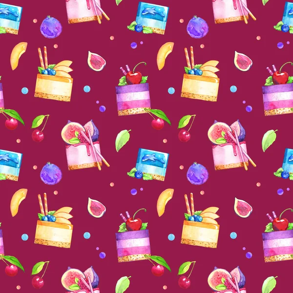 cakes fruit dessert cafe restaurant kids holiday weekend cherry watercolor pattern repeating seamless