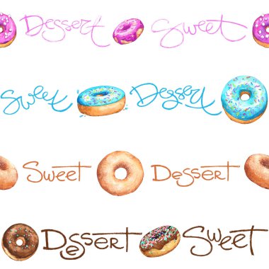 Tatlı Donut şekerlemesi, suluboya, izole edilmiş, beyaz arka plan el yazısı, kafenin sınırında harfler.