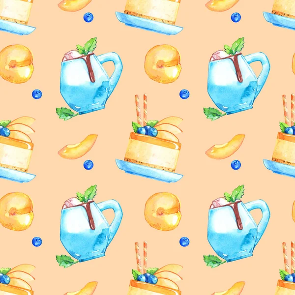 ピーチカップケーキブルーベリー甘いデザートフルーツアプリコットココアミントの流れるスナックカフェ包装紙水彩パターン — ストック写真