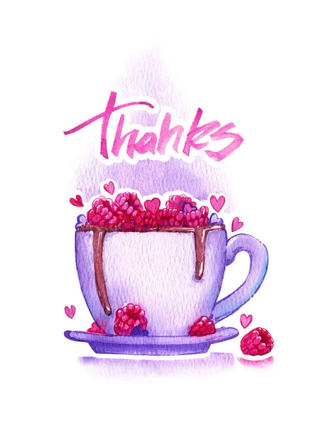 coffee mug cocoa raspberry steam thank you calligraphy gift recognition word postcard congratulation watercolor isolated heart