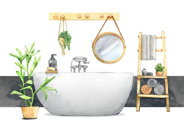 Kamar Mandi Gaya Hidup Desain Interior Bathtub Handuk Rak Cermin — Stok Foto