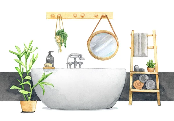 banyo iç tasarımı yaşam tarzı küvet aynası raf havlusu şampuan fabrikası spa otel suluboya illüstrasyon