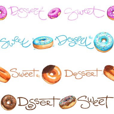 Donut tatlı ev teslimatı tatlı kaligrafi desen yatay sınır tekrarlayan suluboya beyaz arka plan