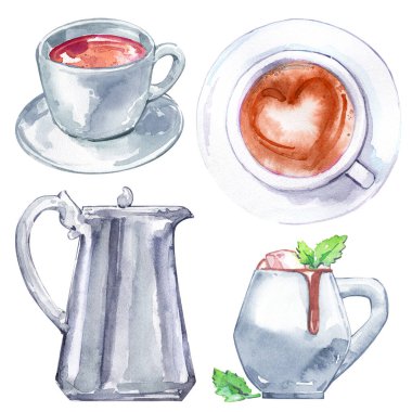Çay fincanı çay fincanı çay partisi kahve molası naneli kakao mashmellou metal seramikler izole edilmiş suluboya seti