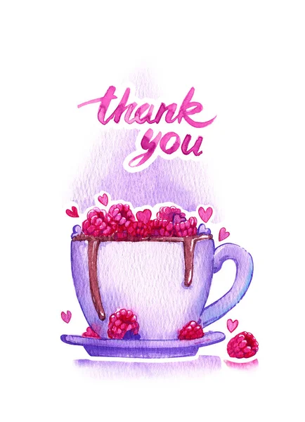 Cafe postcard banner cup cocoa raspberries heart thank you calligraphy illustration watercolor isolated gentle female