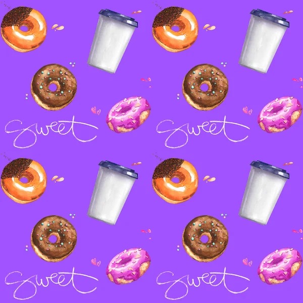 Donuts Huis Levering Glas Beker Papier Geglazuurd Zoete Kalligrafie Patroon — Stockfoto