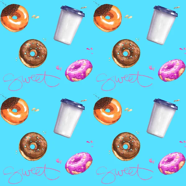 Fast Food Donuts Koffie Gaan Zoete Patroon Aquarel Geïsoleerde Kalligrafie — Stockfoto