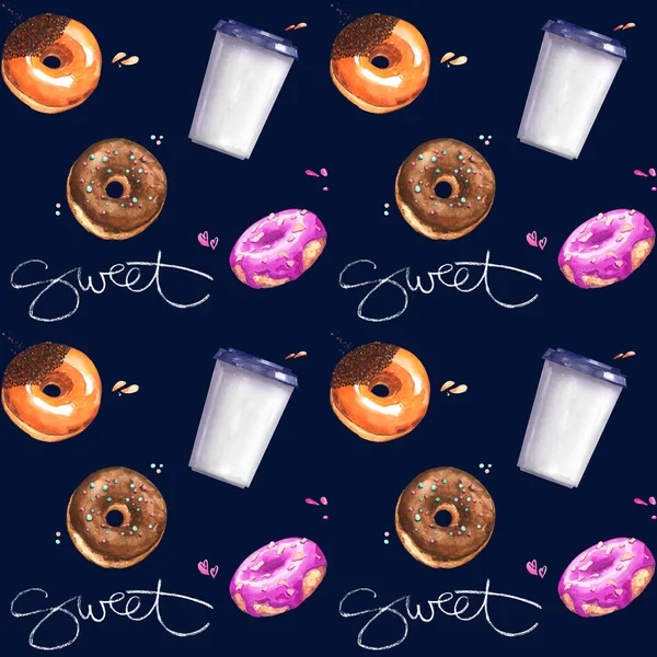 Sweet Dessert Donut Koffie Gaan Levering Patroon Verpakking Achtergrond Aquarel — Stockfoto