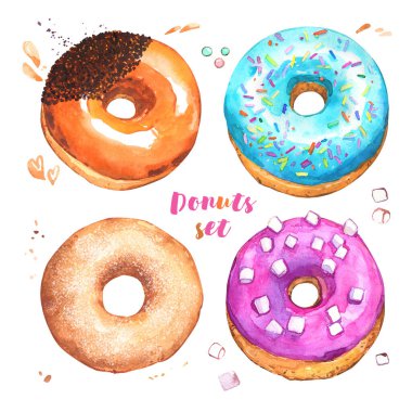 Donutlar tatlı parti kremalı çikolatalı çocuklar şeker suluboya izole kafeterya tasarım elementi