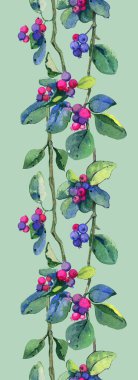 Berries trees branches colorful summer season pattern watercolor repeating seamless leaves branches vertical clipart