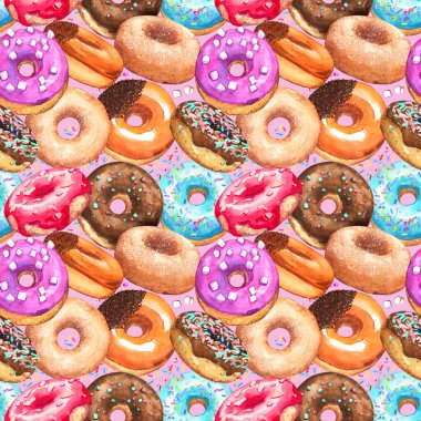 Donutlar tatlı çikolatayla kaplanıyor. Bir çok fırın kafe reklam afişi. Arka planda suluboya desenleri izole edilmiş.