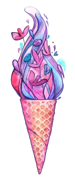 Waffle Cone Ice Cream Flying Flowers Butterflies Leaves Purple Blue — Stock Photo, Image
