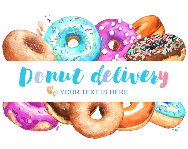 Donuts Leverans Reklam Banner Ram Ram Placera Text Akvarell Isolerad — Stockfoto