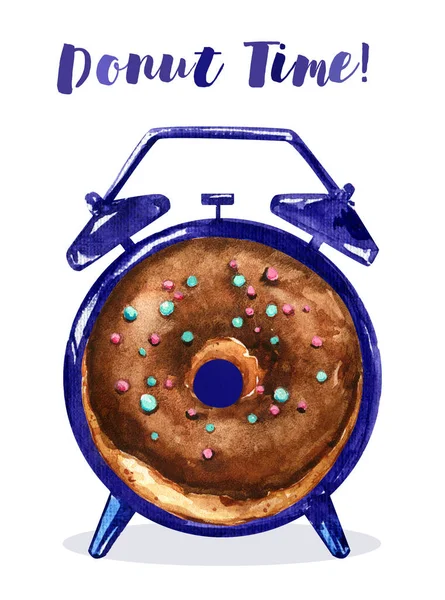 警钟甜甜圈巧克力甜时间面包店家庭送货上门海报广告水彩画隔离白色背景插图 — 图库照片