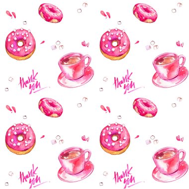 donut cup pink thank you calligraphy delivery wrapping paper background textile cafe restaurant eat home watercolor pattern clipart
